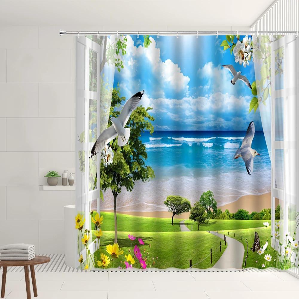 Ocean Scenery Shower Curtain Sets Beach Sail Starfish Boat Seagull Palm Tree Green Grassland Pattern Bathroom Decoration Screens