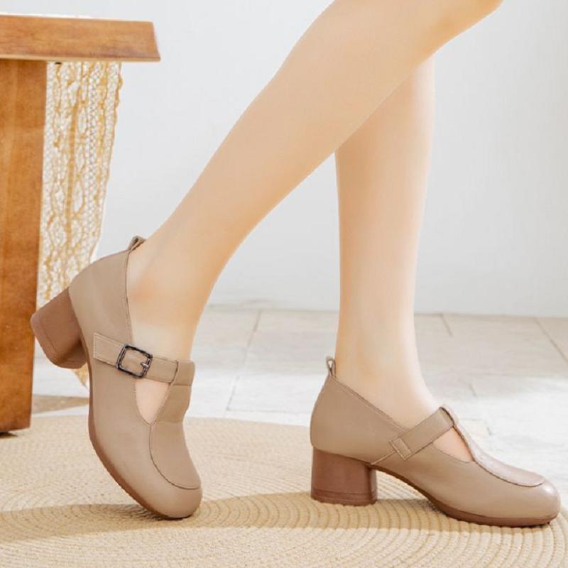 Zapatos femeninos mujeres lindo suave cuero beige correa de hebilla tacón cuadrado zapatos para trabajo de oficina dama tacones negros ab580