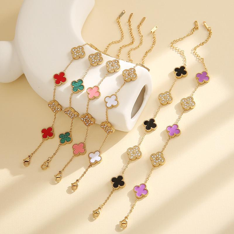 Double-sided Mother-of-pearl Lucky Five-flower Four-leaf Clover Bracelet Light Luxury Fashion Ins Style Non-fading Ladies Bracelet