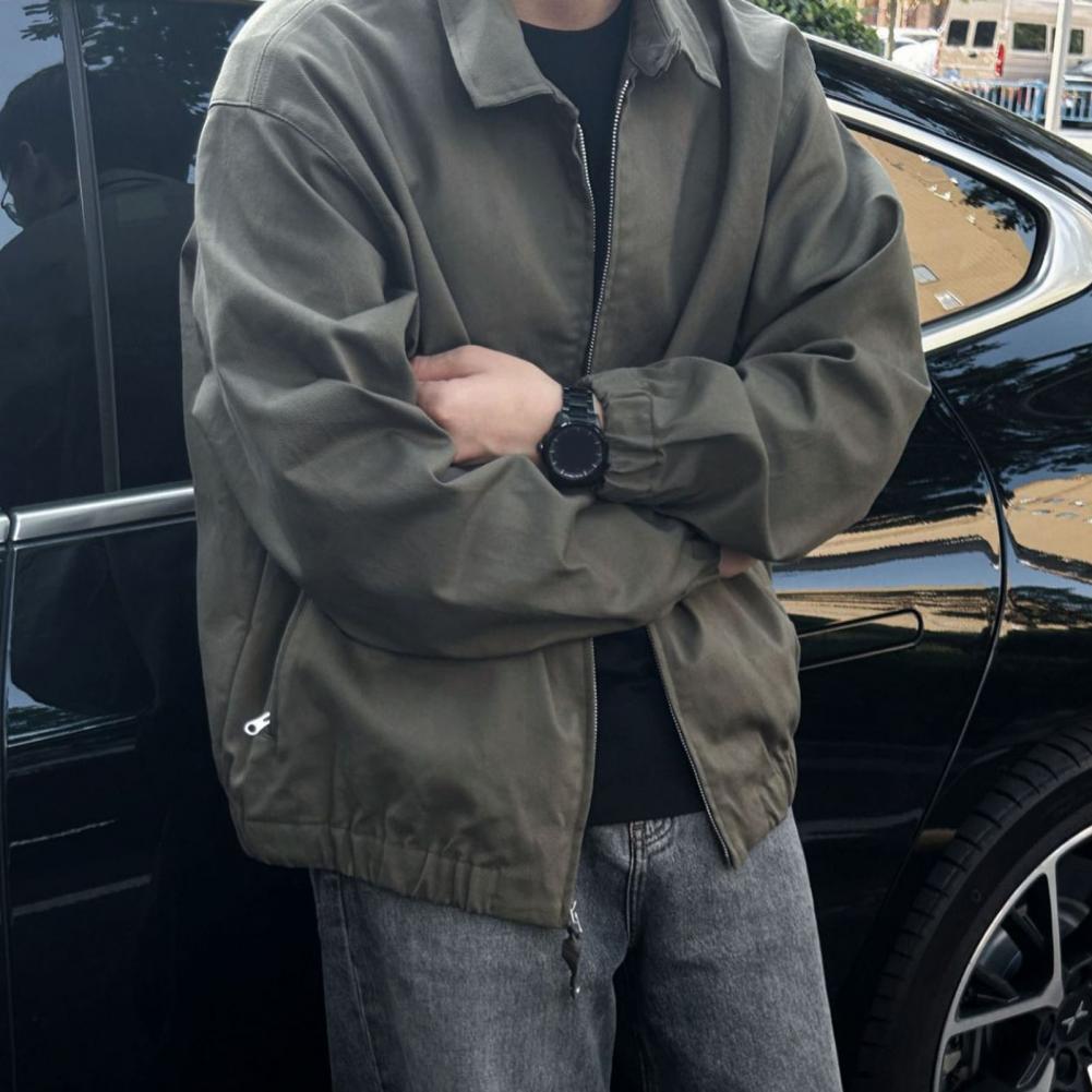 Men Coat Lapel Collar Long Sleeve Solid Color Jacket with Pockets Loose Fit Street Style Casual Outerwear