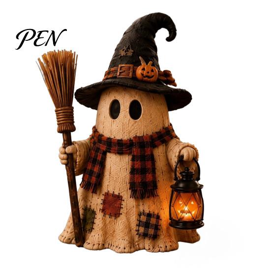 Small Apartment Ornaments Lighted Vintage Patchwork Ghost Figurine with LED Lantern, Rustic Farmhouse Halloween Figurine, Decorative Fall Figurines