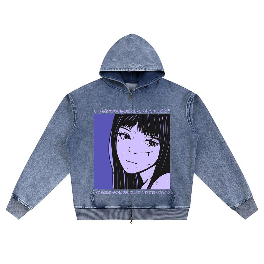 DTG Print Knitted Denim Zip-Up Hoodie Anime Streetwear 21 Brother Print Zipper Hoodies  