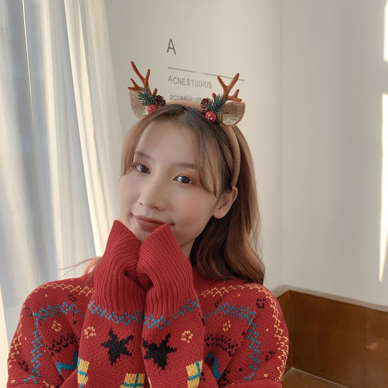 Christmas Headband Reindeer Antlers Horn Flower Hair Band Clasp Headwear for Kids Adult New Year Navidad Party Halloween Cosplay