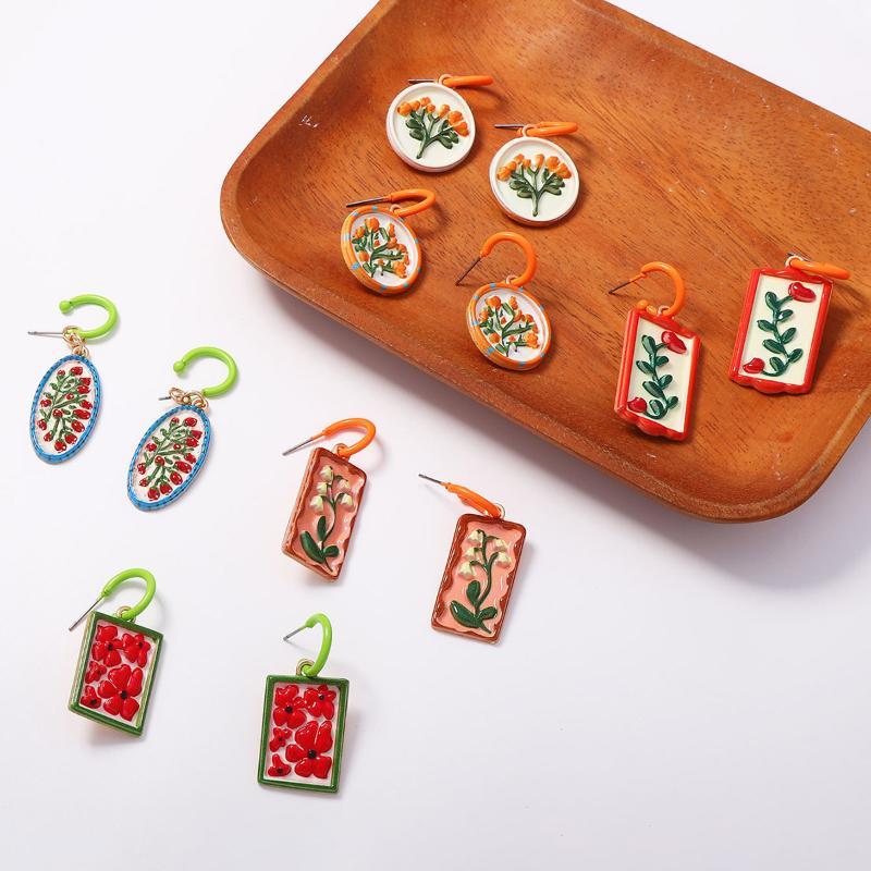 Vintage Artistic Creative Design Alloy Drop Oil Palm Tree Flower Drop Earrings For Women  Banquet Party Jewelry Gifts