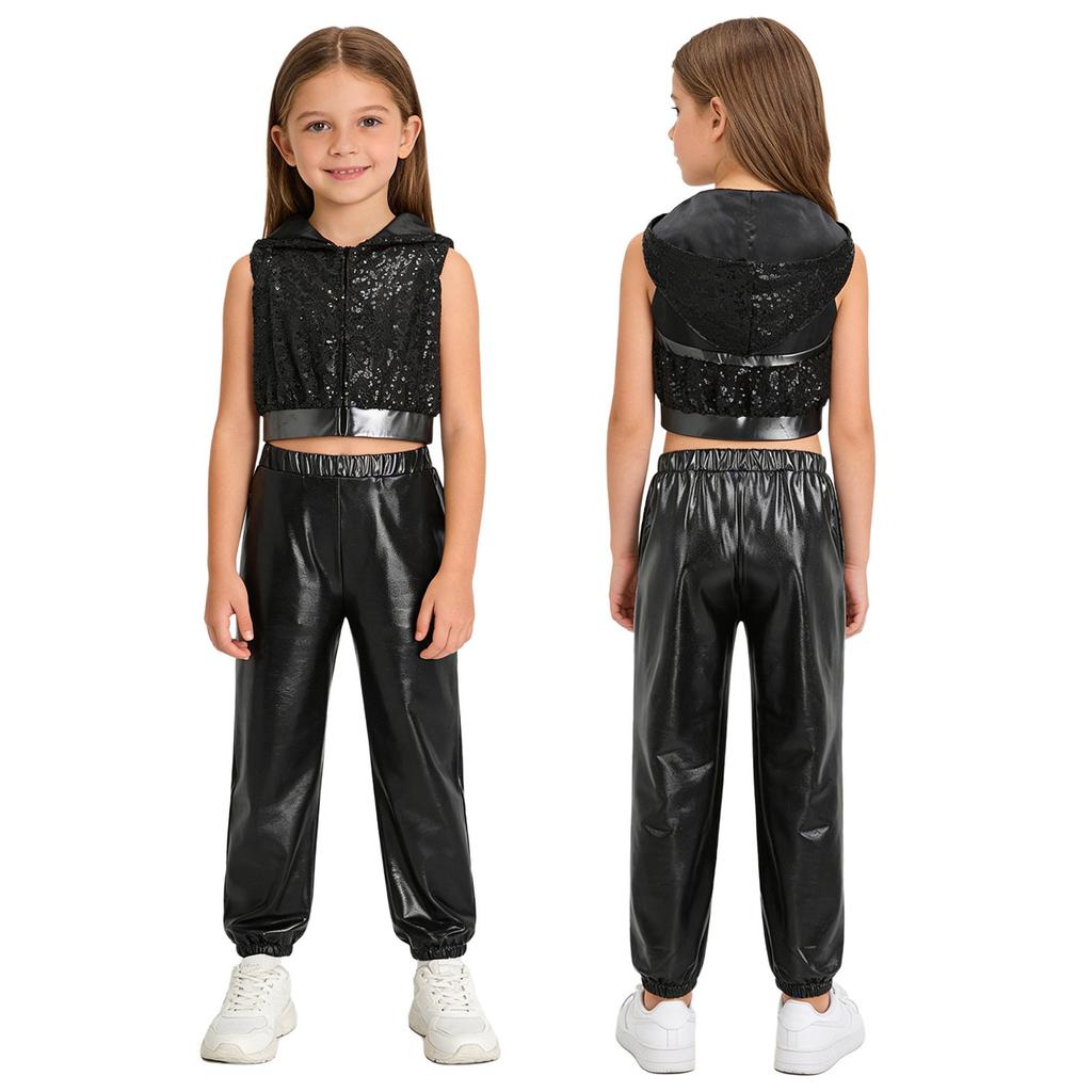 Kinder Mädchen Hip-Hop Jazz Tanzkostüm Ärmellos Rückenfrei Reißverschluss vorne Funkelnde Pailletten Kapuze Crop Top mit elastischem Bund Metallische Hose