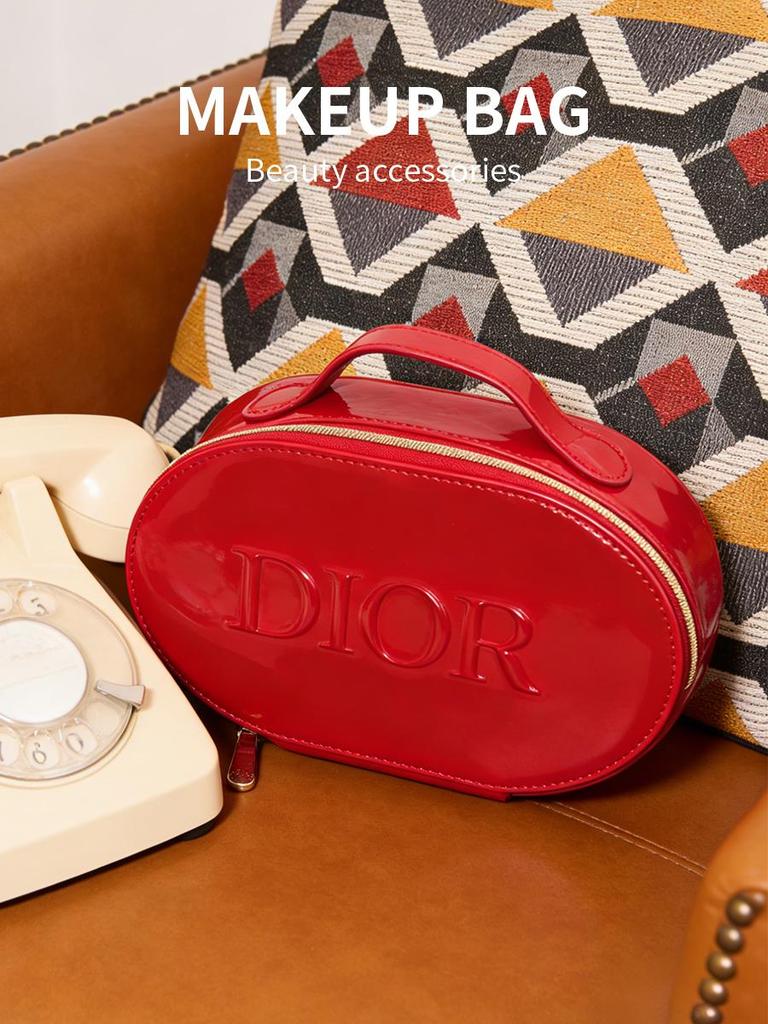 Dior Red Glossy Cosmetic Bag with Handle, Portable Travel Makeup Organizer