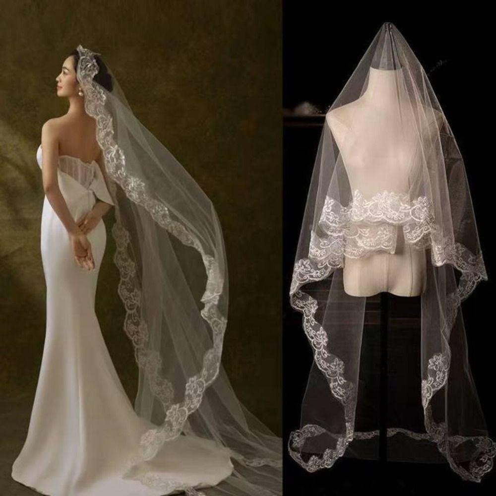 Lace Flower Bridal Veil Long Bride Head Gauze Elegant Wedding Veils  Wedding Accessories