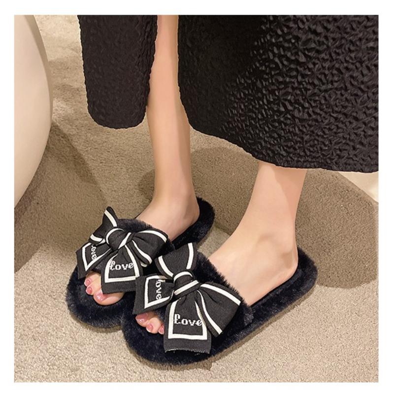 New Bow Fur Slippers Women's Fashion Home Home Warm Floor Cotton Slippers