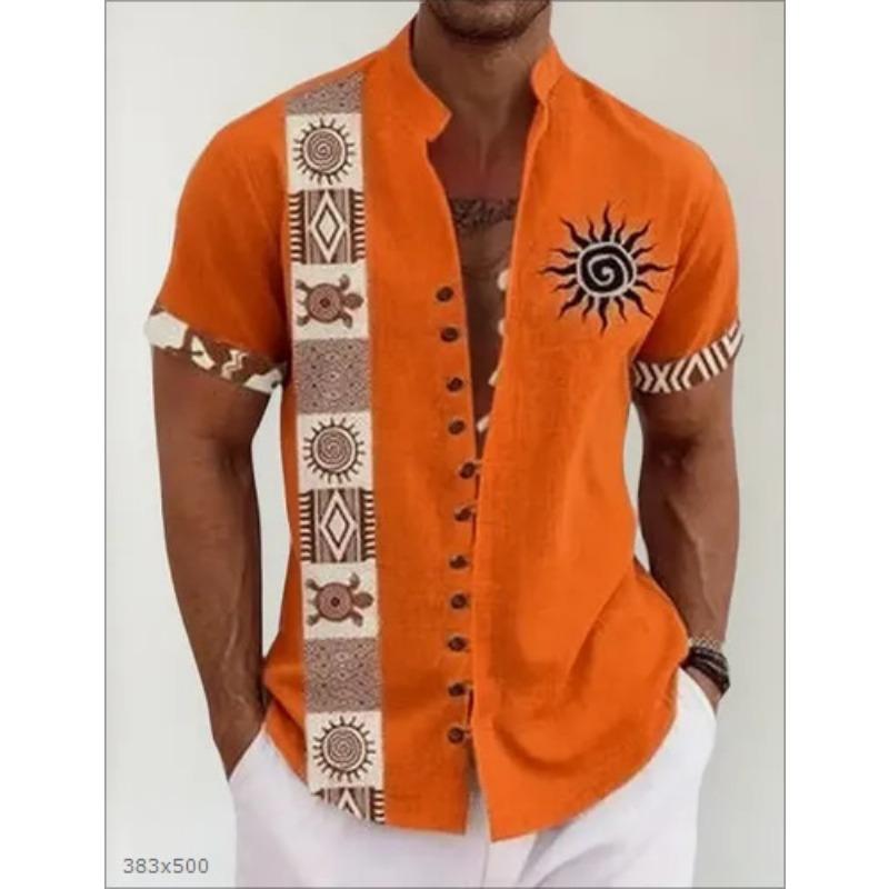 Men Ethnic Front Print Stand Collar Short Sleeve Loose Casual Linen Shirt