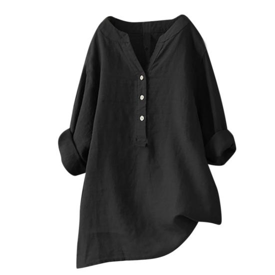 Plus Size Women Solid Color V Neck Long Sleeve Shirt Loose Linen Blouse Top
