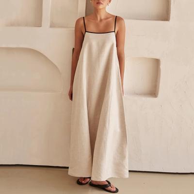 Summer Women Robe Dress Spaghetti Strap Low-cut Square Neck Backless Lace-up Loose Sleeveless Solid Color A-line Ankle Length Vacation Maxi