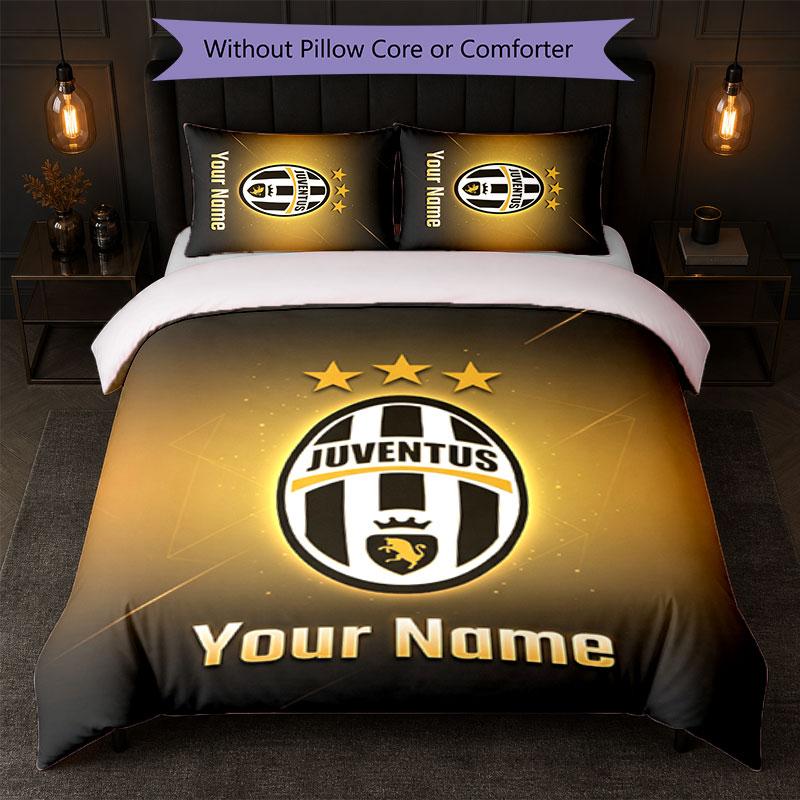 Juventus FC Custom Name Text Bedding Set 1 Duvet Cover+2 Pillowcases Soccer Logo Personalized Gift For Special Occasion Bedroom Decor