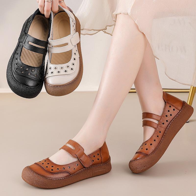 Neue Naturleder-Ortho-Sandalen für Damen Sommer Aushöhlen Flats Schuhe ältere Frau Mary Jane Slipper Riemen Slipper Mokassin