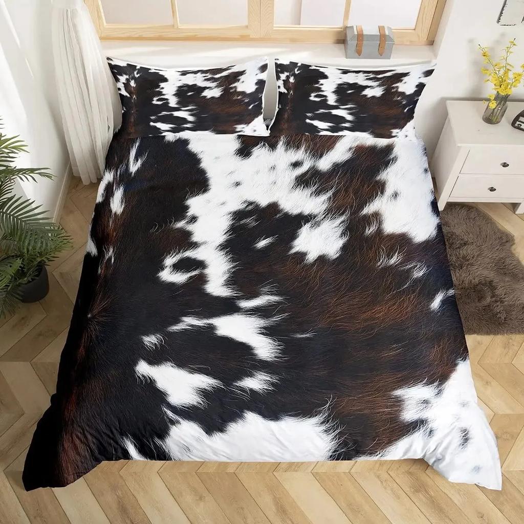 Cowhide Duvet Cover Set,Brown Cow Leopard Print,Western Rustic Farmhouse Farm Animals Bedding Sets Highland Cow Comforter Cover