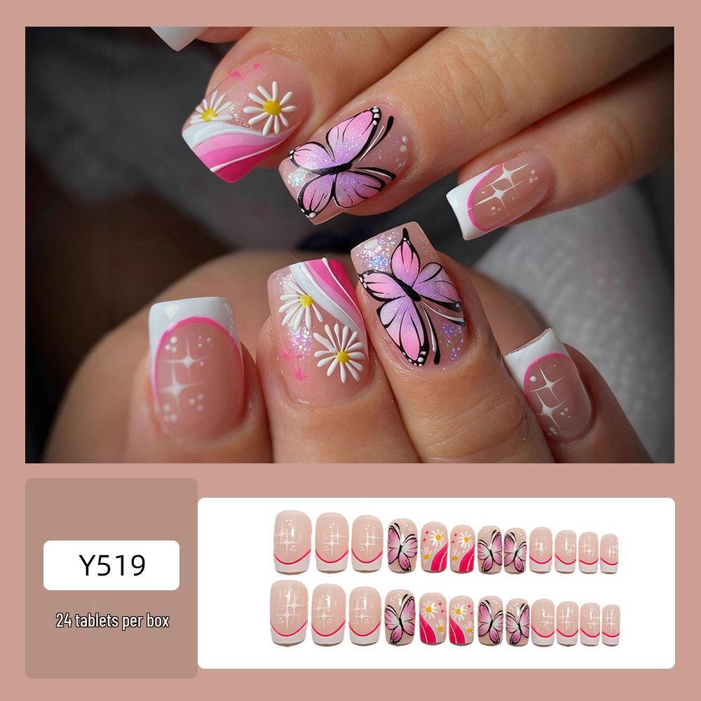 Fashionable French Aesthetic Butterfly & Daisy Fake Nails for Cool, Sweet Spicy Girl Style
