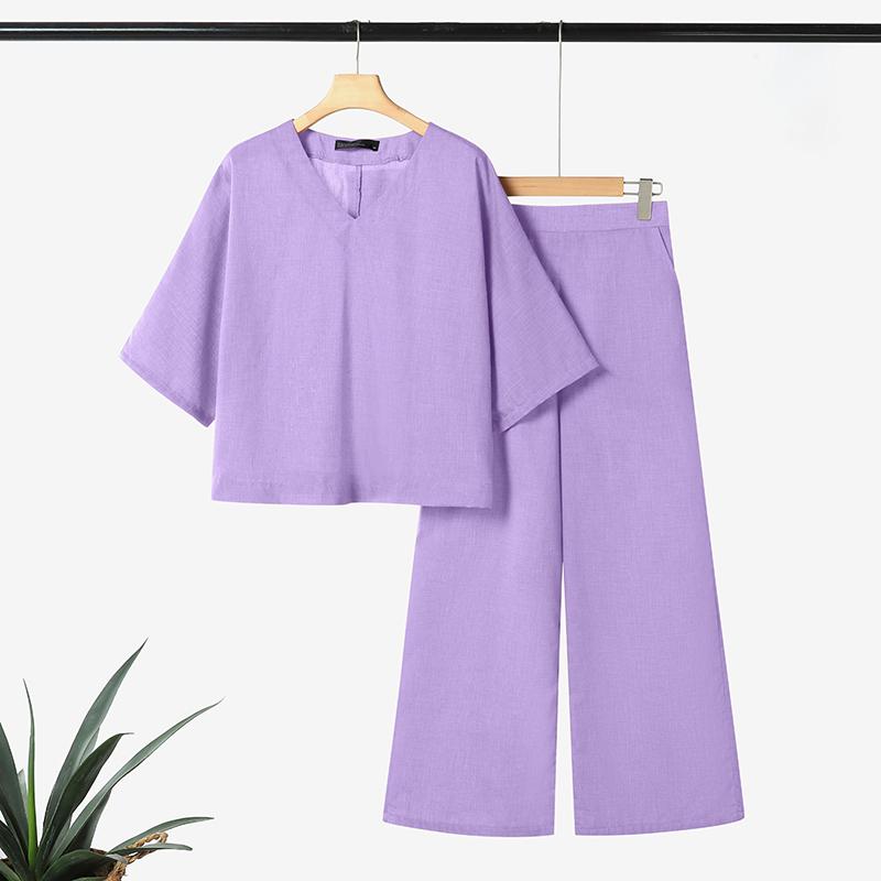 

ZANZEA Women Half Sleeve Blouse and Pants Summer Two Piece Suit Sets S фіолетовий