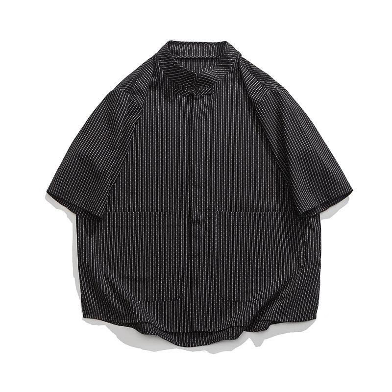 

Летняя мужская хлопково-льняная рубашка ханьфу на пуговицах-лягушках - Повседневный дизайн в китайском стиле в полоску M чёрный