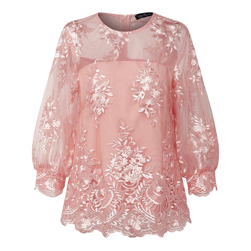 ZANZEA Dámská elegantní letní ležérní halenka s 3/4 rukávem a krajkovou vsadkou