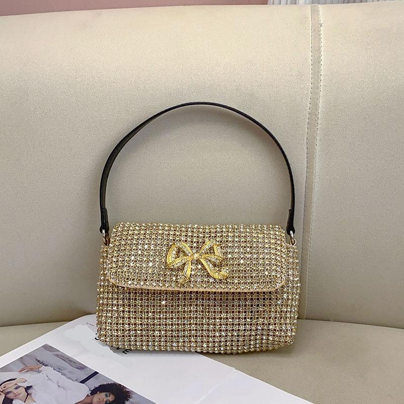 Full Rhinestone Bow Large Capacity Portable Personalized Banquet Diamond Flip Small Square Bag Underarm Crossbody
