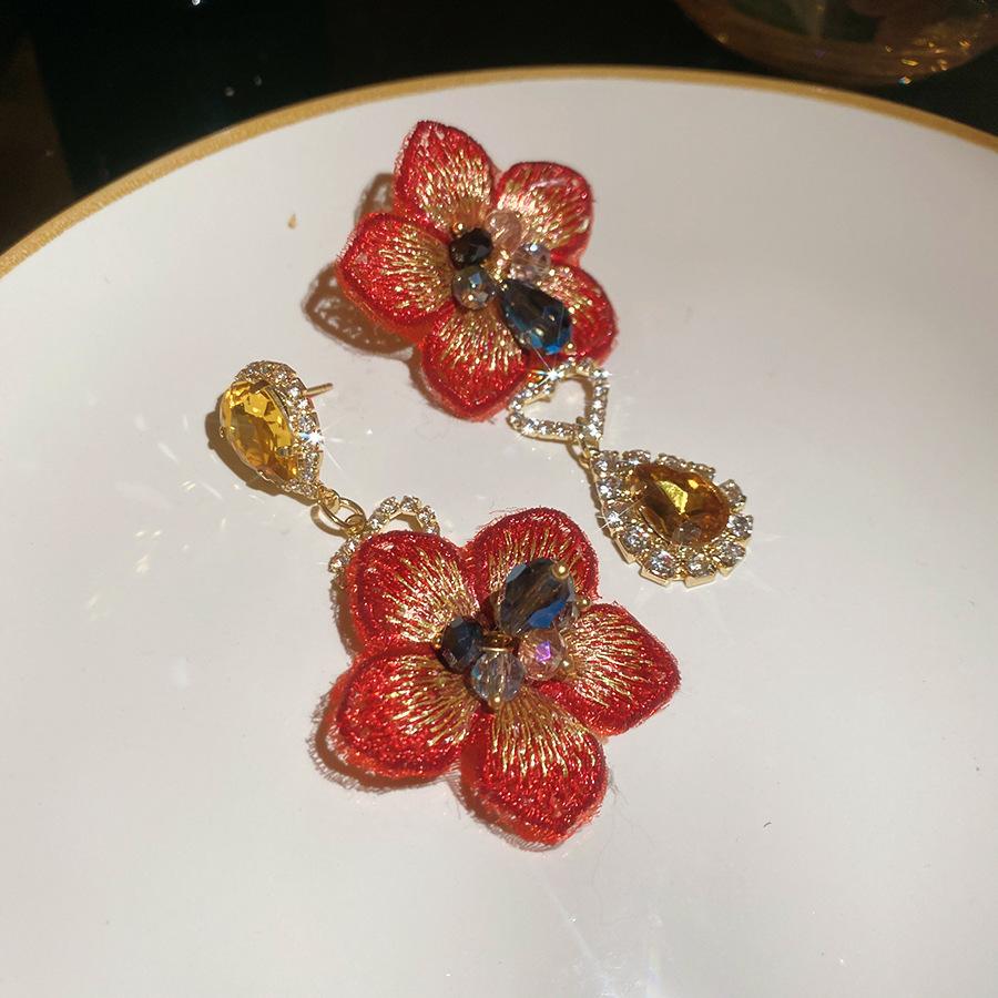 Silver Needle Fabric Flower Glass Fringed Earrings Medium Antique Temperament Stud Earrings Design Sense Niche Earrings