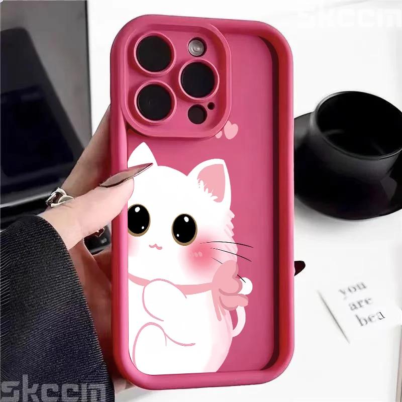 Cute Cartoon Black White Cat Phone Case For iPhone 16 Pro Max 15 14 13 12 11 XS XR X 8 7 15 Plus Shockproof Soft Silicone Cover