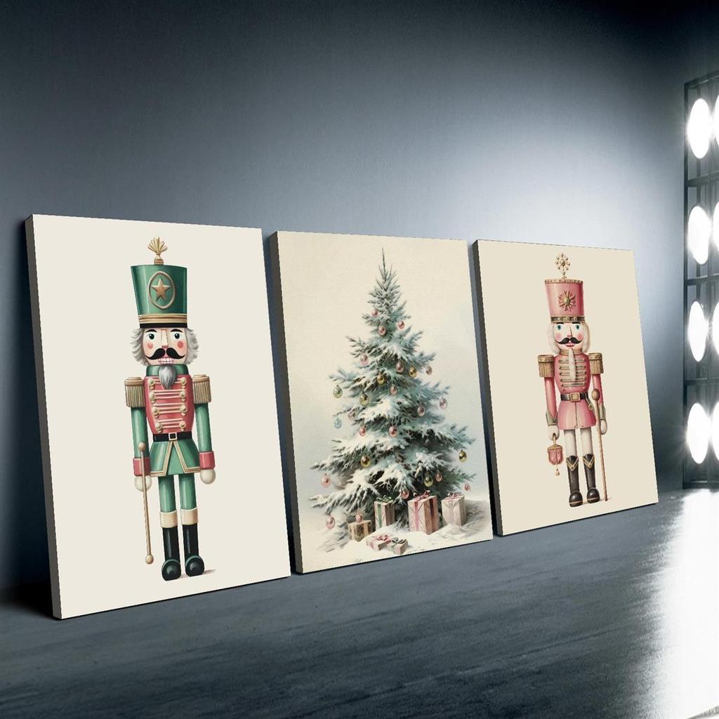 3-piece Nutcracker and Christmas tree canvas wall painting for home office, bathroom, living room, bedroom, dining room - Art De