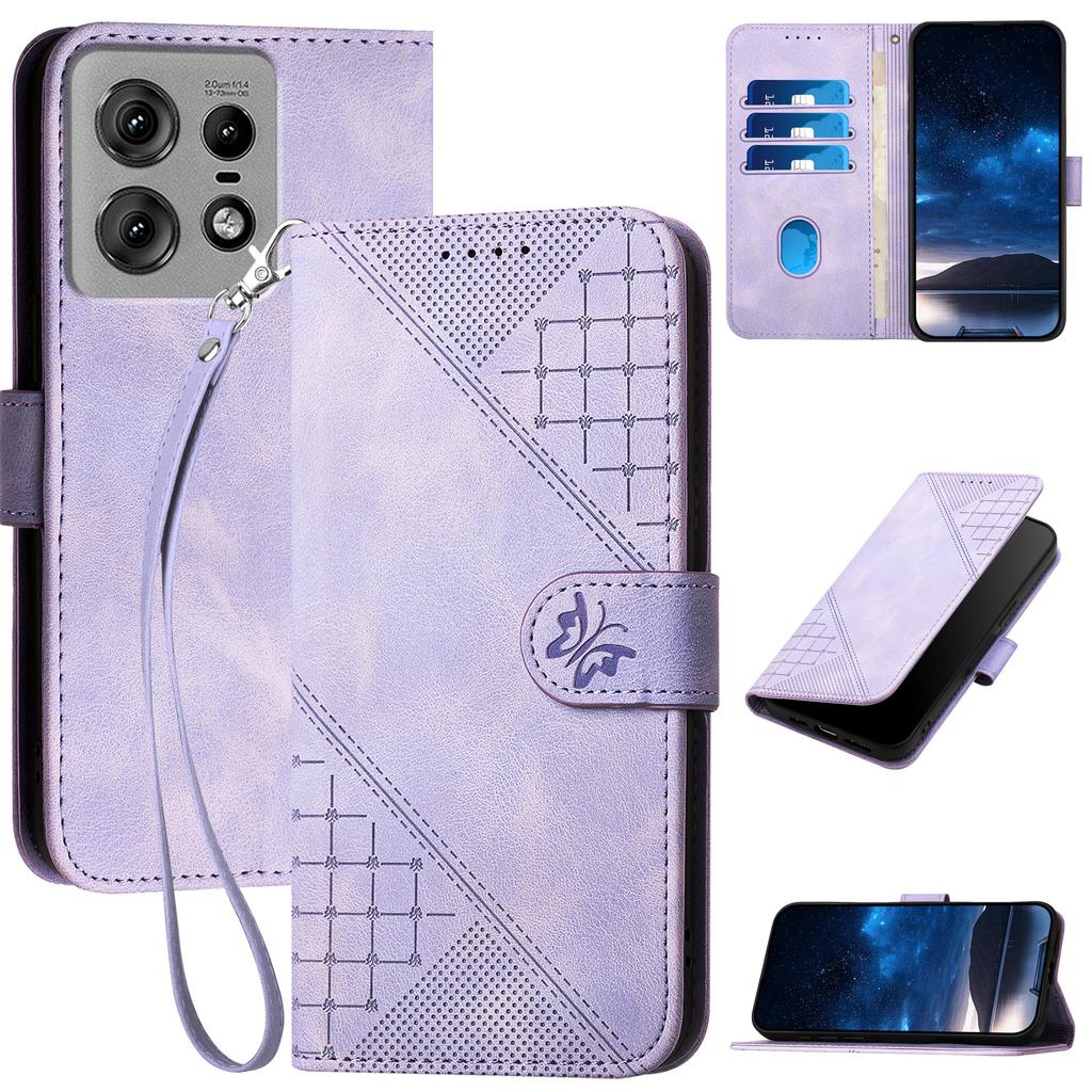 For Motorola Edge 50 Pro 5G Leather Wallet Case Butterfly Flower Imprinted Phone Cover with Strap