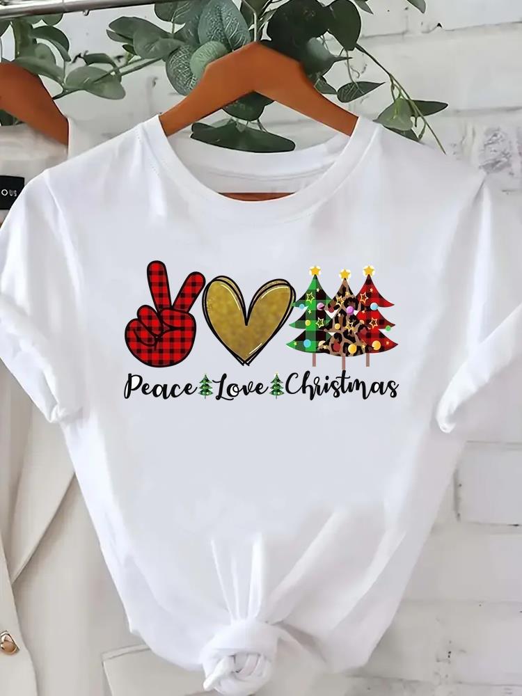(Asian Size) star tree happy new year Tee merry Christmas festival O-neck Clothing Women's Top T Print Fashion ladies Graphic T-shirts