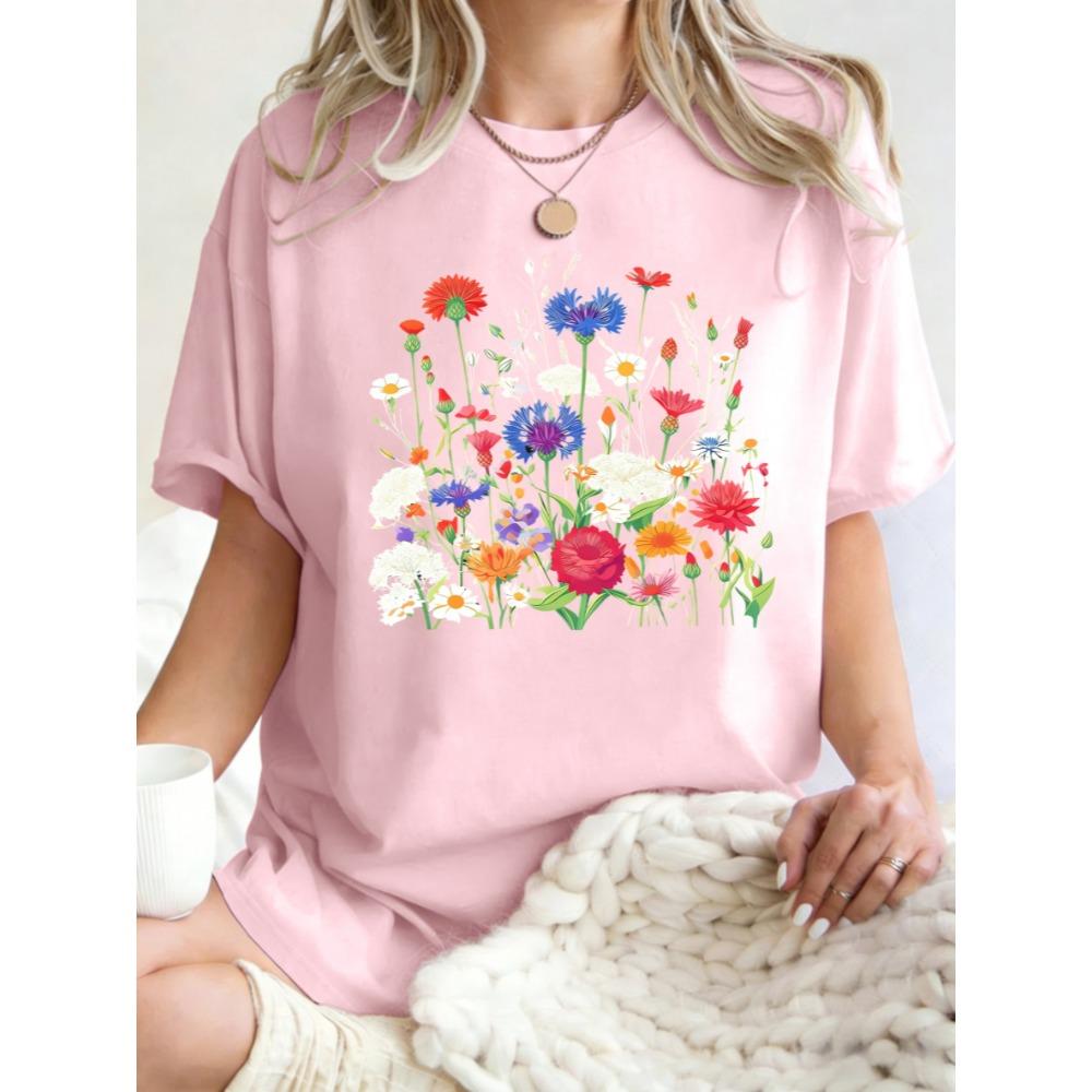 Flowers That Absorb Sunlight Printed T Shirt Women Summer Casual Short Sleeve O-Neck Loose T-Shirt Cotton Sportswear