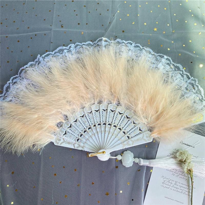 Chinese Style Feather Folding Fans Soft Fluffy Hand Held Wedding Party Gift Girls Dance Lace Fan Cosplay Stage Prop Home Decor
