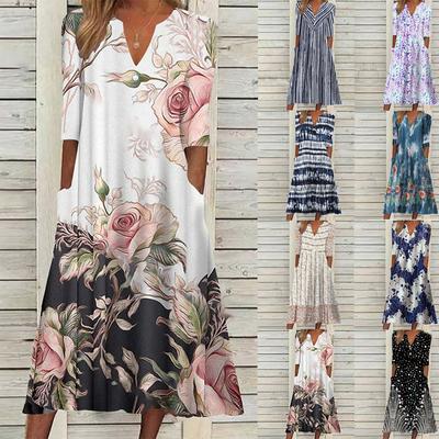 Women's Summer Retro Printing V-Neck Short Sleeve Comfy Casual Dress