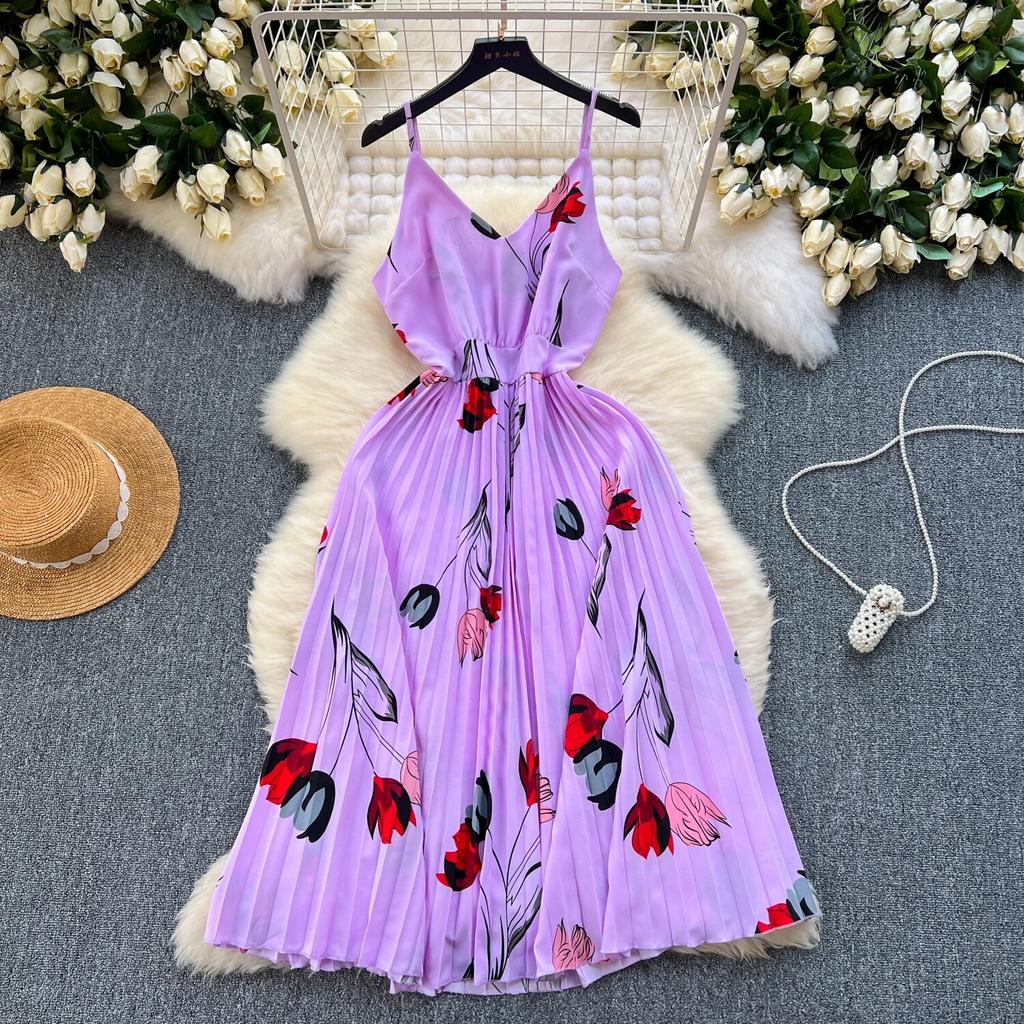 Dámské šaty Francouzský Retro Sváteční Styl Květinový Potisk Sexy Šaty Nepravidelný Výstřih do V Slim Plisované Letní