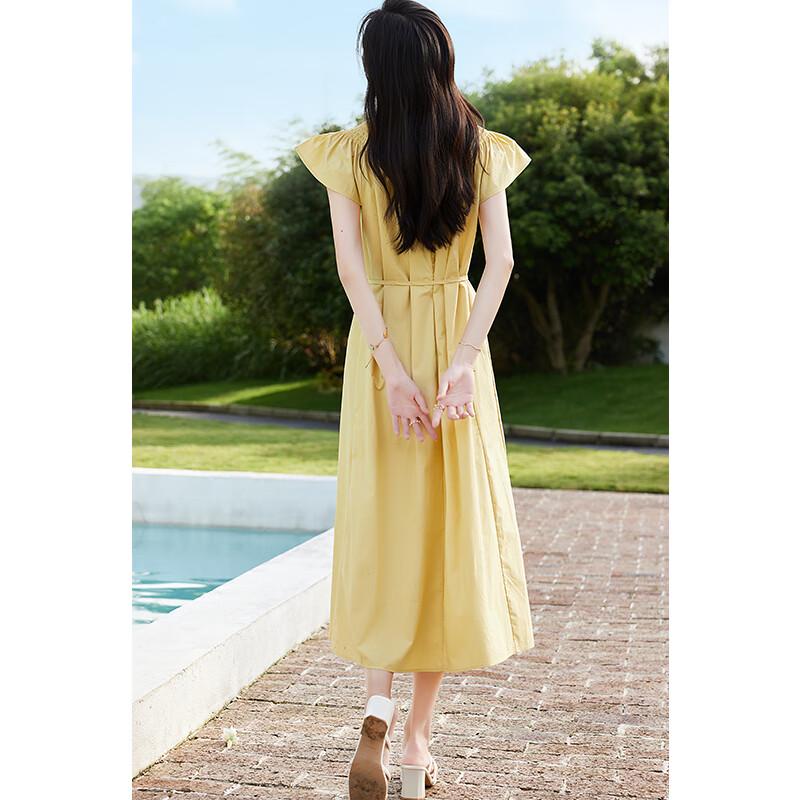 VICTORIA&VERA Women's Flutter Sleeve Tie-Waist Cotton Midi Dress