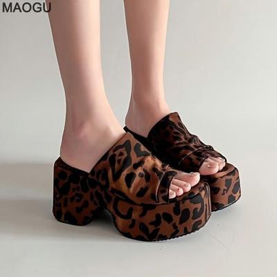 Women's Leopard Black Wedge Sandals Street Style Platform Sole Slide Slippers High Heel Mules Slip-on Summer Fashion Shoes