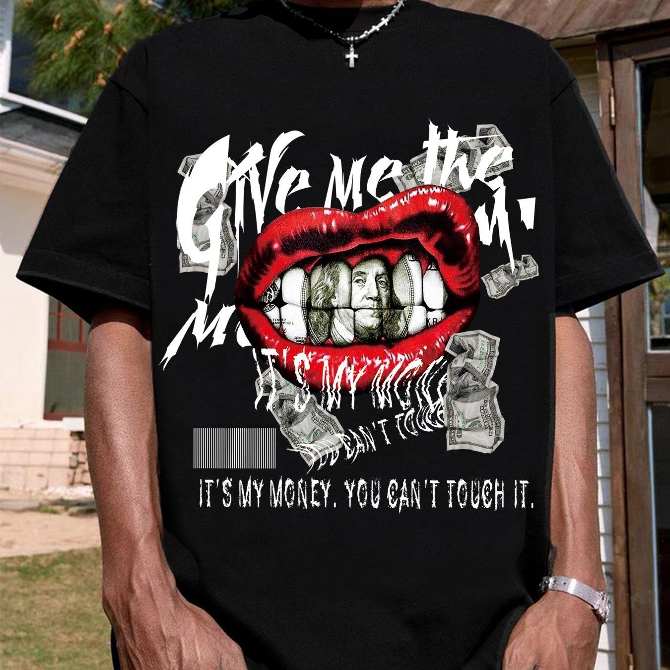 Men s Casual Short Sleeve T-Shirt with Dollar & Red Lips Design - Breathable Polyester, Crew Neck, Summer Fashion L чёрный