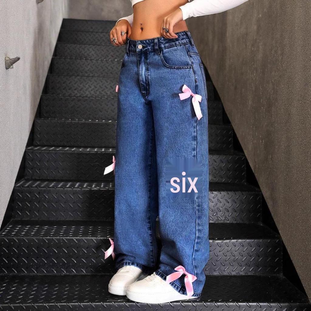 Europe Street Style Bowknot Wide Leg Washed Denim Pants