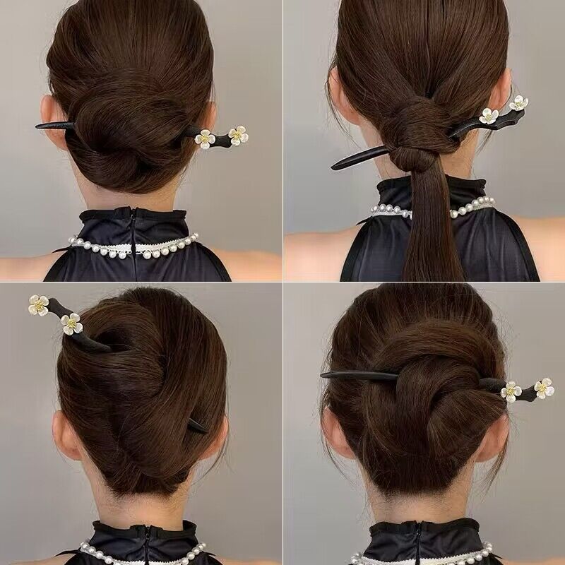 Antique Wood Hairpins Female New Chinese Simple Geometric Black Hair Sticks Hair Clips For Women Hair Accessories Pearl Headwear