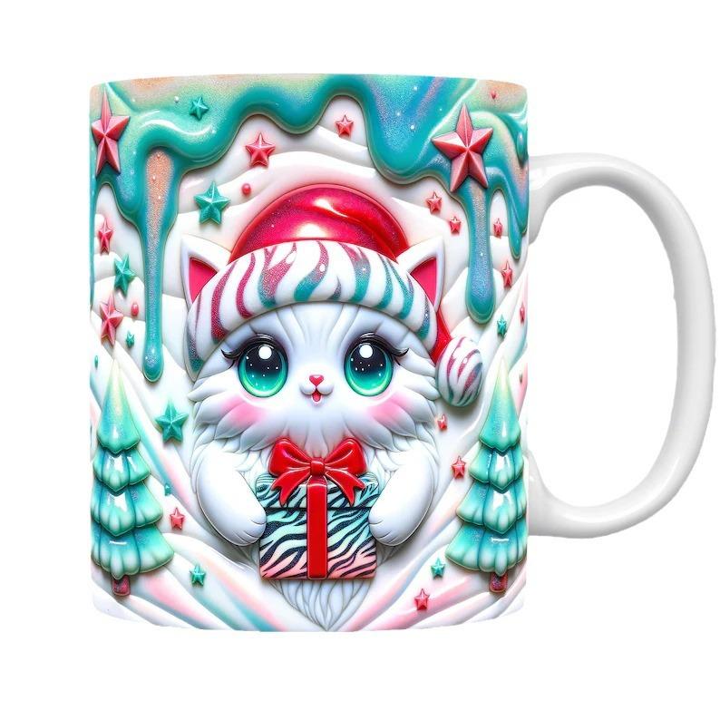 3D Schwarze Katze Schwarze Katze Keramik Kaffee Tasse Highland Rind Weihnachtsmütze Kuh