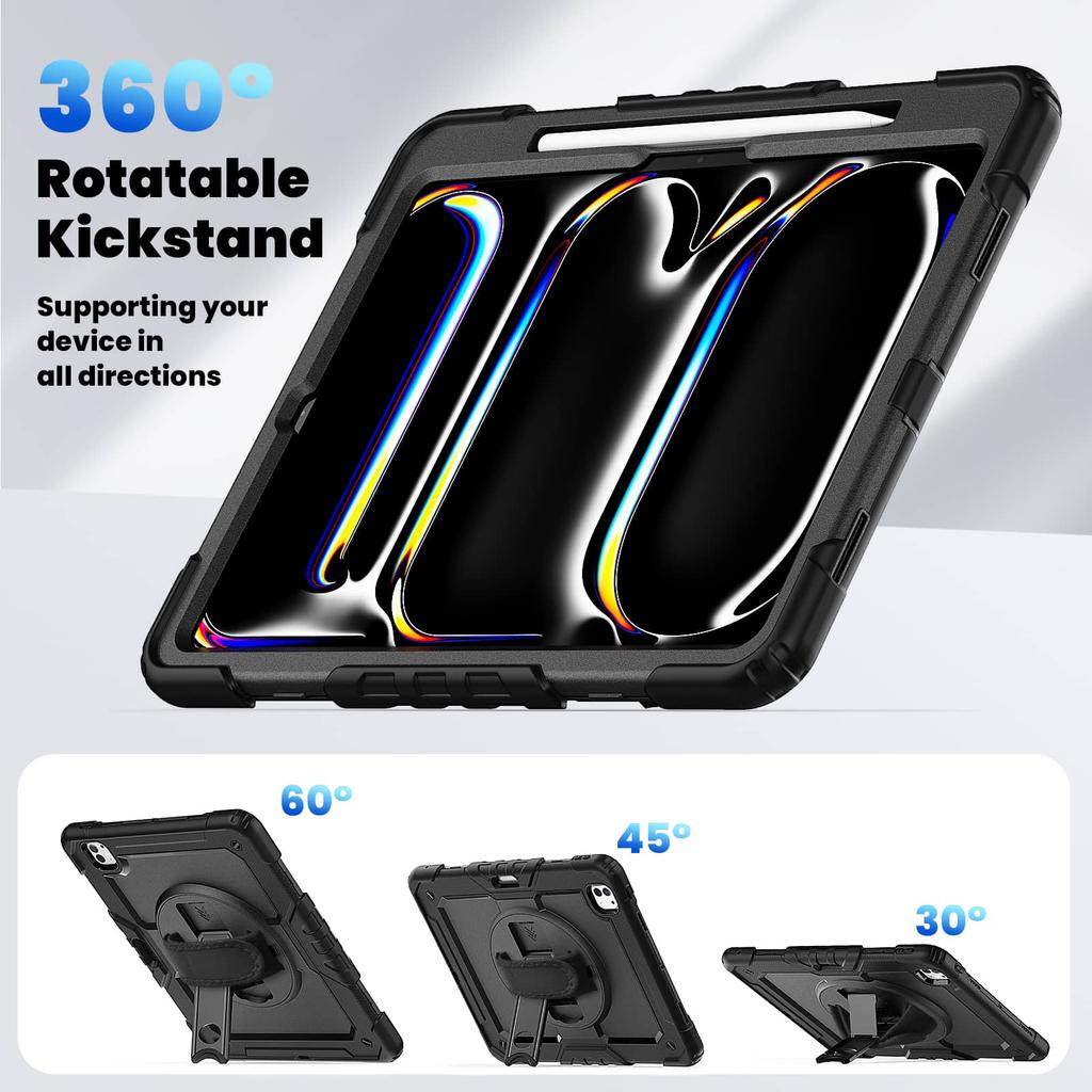 For iPad Pro 13-inch (M4) 2025, Military Grade Shockproof Protector Silicone Cover with Pencil Holder+Handle Shoulder Strap Case