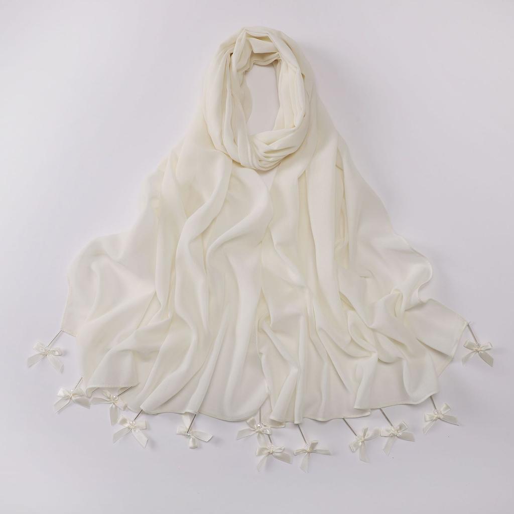 New Chiffon Hijab Veil Scarf Hand-Sewn Glass Tube Bow Long Scarf Gauze Horse Muslim Women Hijab Islam Turban Headscarves Ladies