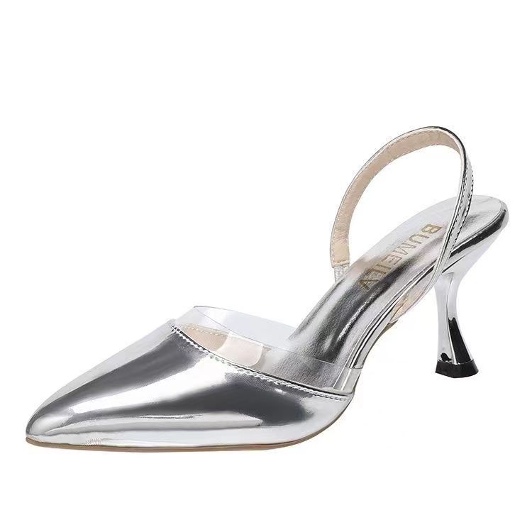 

Весенние Новые Босоножки Баотоу для Женщин Модные Остроносые С Мелким Вырезом и Перемычкой, Противоскользящие Износостойкие На Высоком Каблуке 40 серебряный