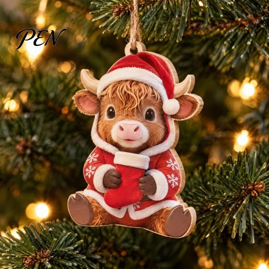 Animal Theme Christmas Tree Ornaments Wooden Highland Cow Ornament, 2D Cute Hanging Shape Decor with String, Farmhouse Holiday Party Decoration