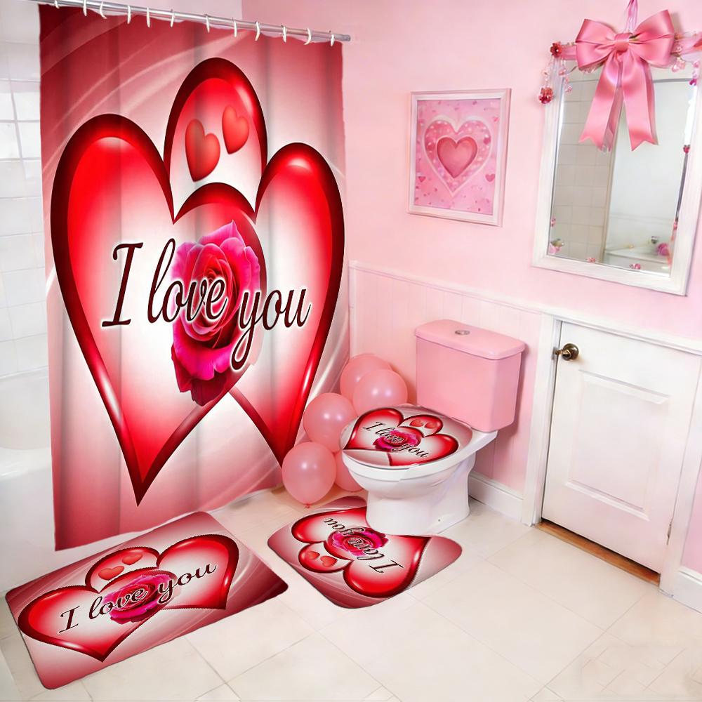 

Valentine S Day Love Heart Pattern Shower Curtain Bath Sets Waterproof Non-Slip Bathroom Rug Toilet U With 12 Hooks Home Deco W60H190(CM)-1 Pcs