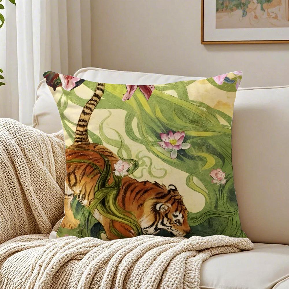 Cute Tiger Pillow Retro Painting Cushion Cushion Cover Pillowcase Antidustmite living Room Sofa Decor Cushion Room