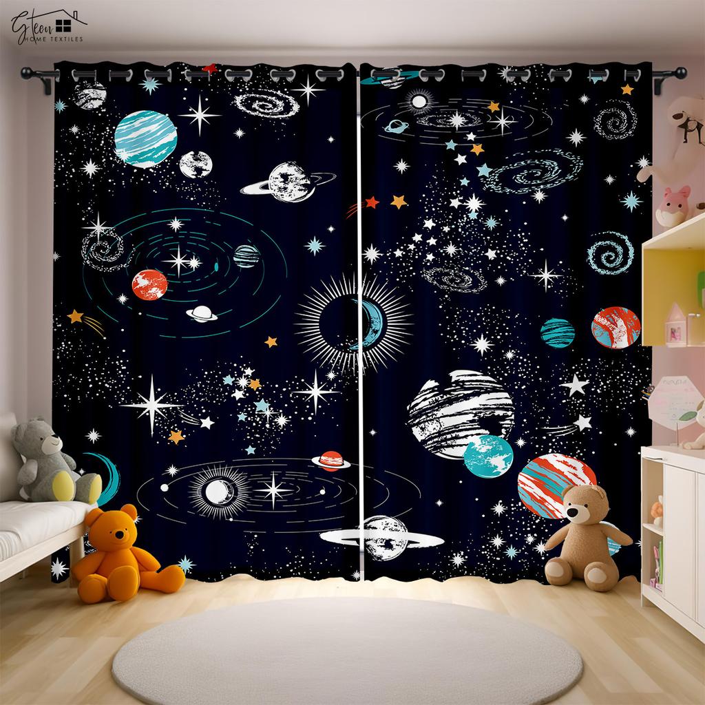 Cartoon Universe Curtains Astronaut Spaceship Rocket Moon Alien Children's Room Children's Bedroom 3D Printing Curtains 2PCS
