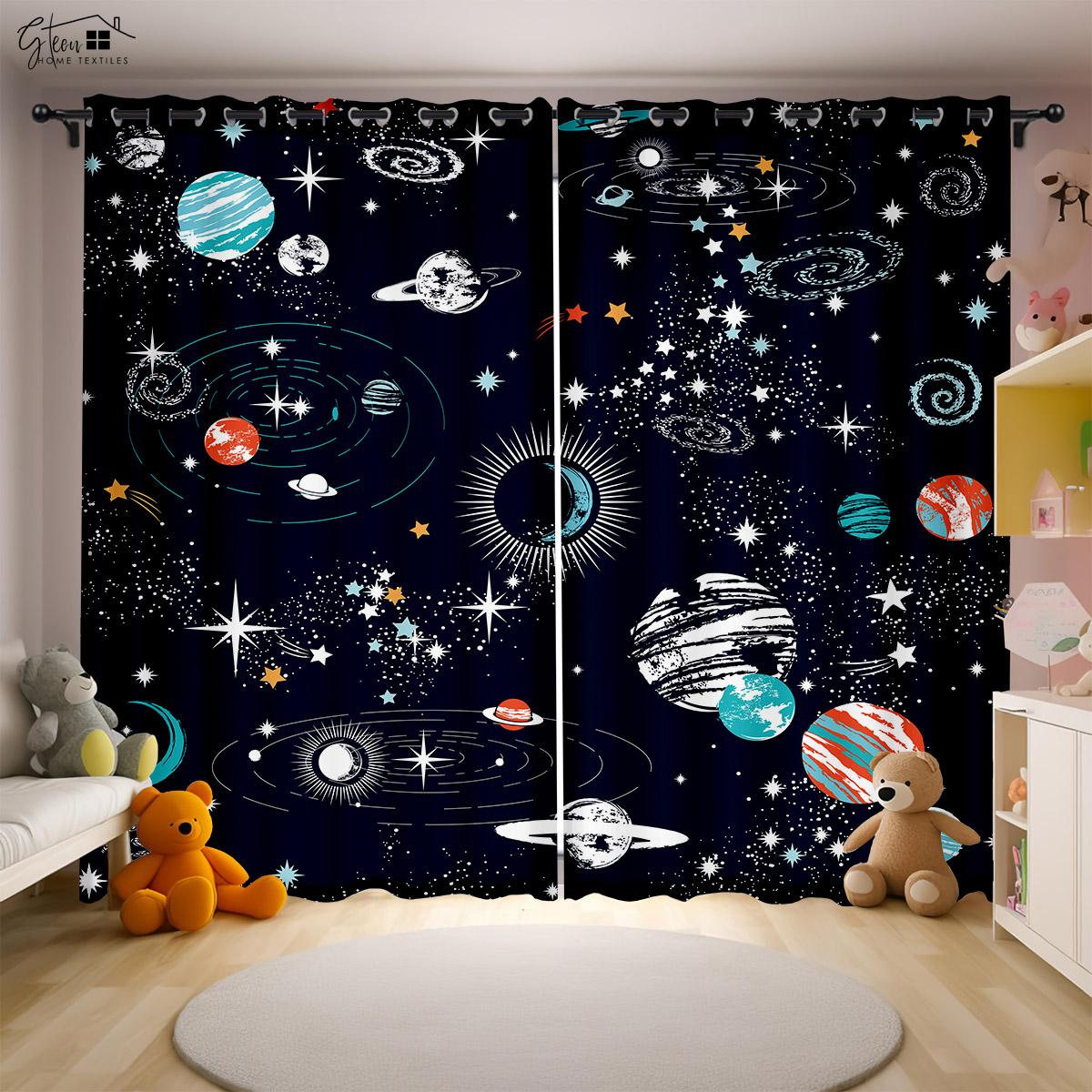 Cartoon Universum Vorhänge Astronaut Raumschiff Rakete Mond Alien Kinderzimmer Kinder Schlafzimmer 3D Druck Vorhänge 2 STÜCKE W50xH130(CM)x2PCS&Rod pocket