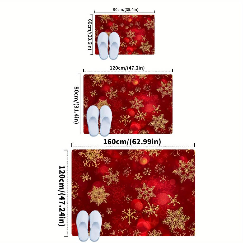 Golden Snowflake Christmas Area Mat - Soft, Absorbent Polyester Mat with Festive Red and Golden Design for Living Room, Bedroom,