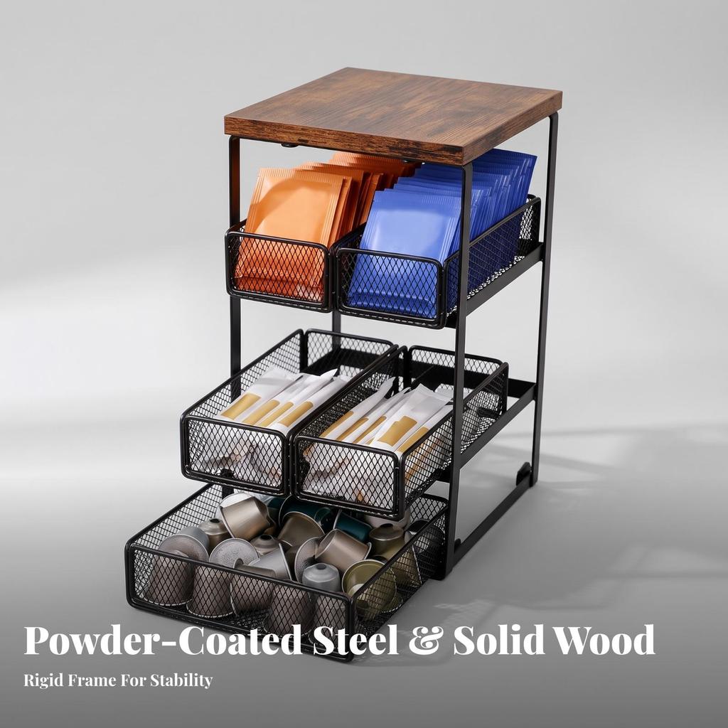 Tabletop Storage Rack with Mesh Baskets Tiered for Tea Drinkers