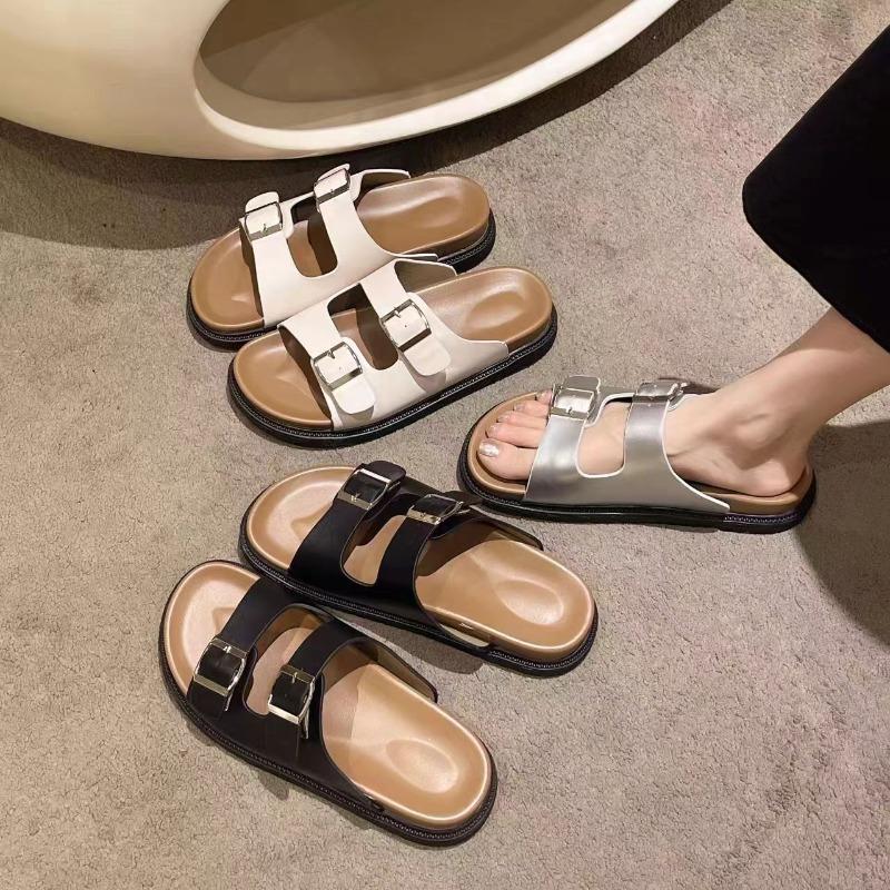 Summer thick-bottomed cool slippers women wear new retro casual belt buckle open-toe slippers