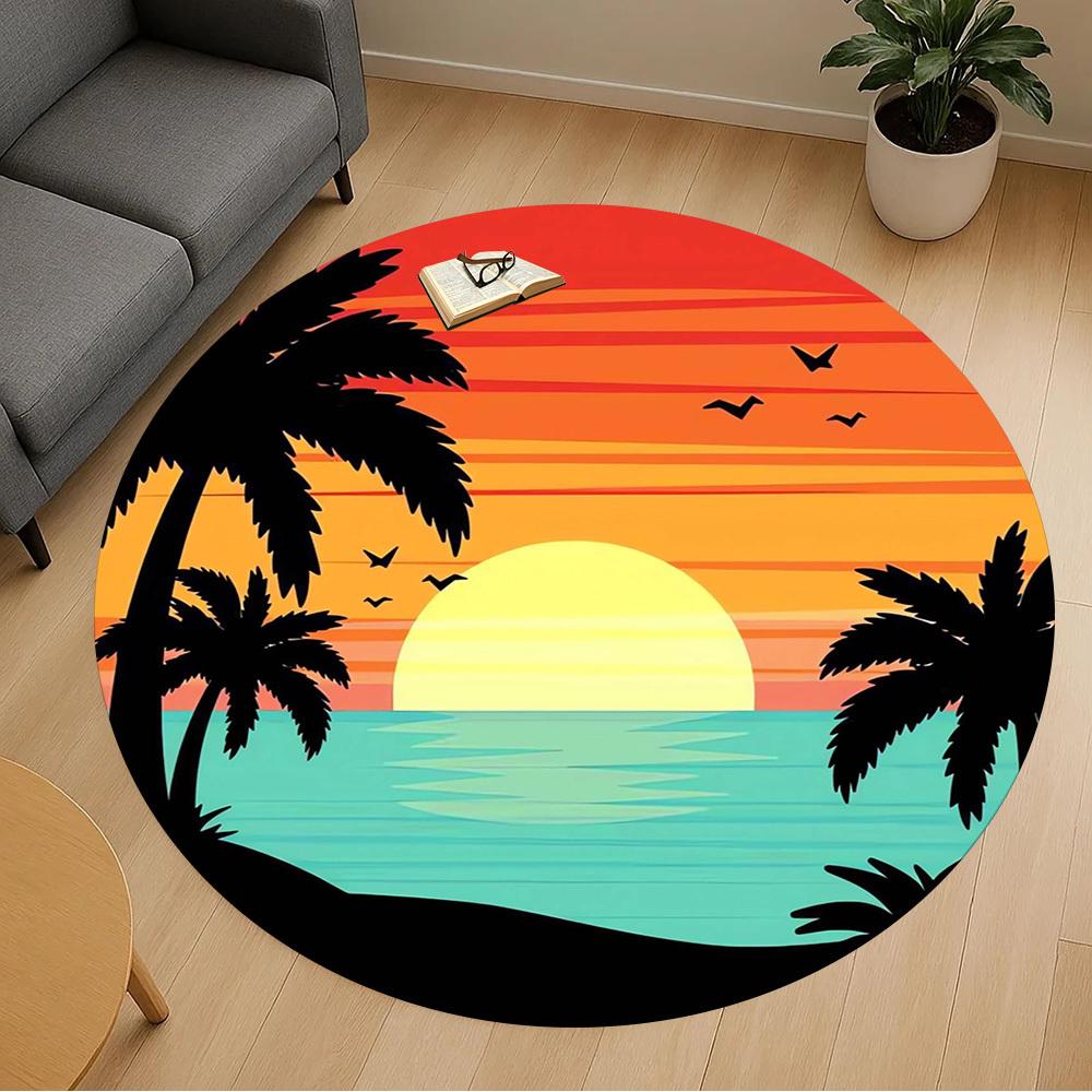 1pc Sunset Palm Trees Round Chair Mat Area Rug - Non-Slip, Floor Mat for Office, Bedroom, Home Decor Christmas Gift P0811203